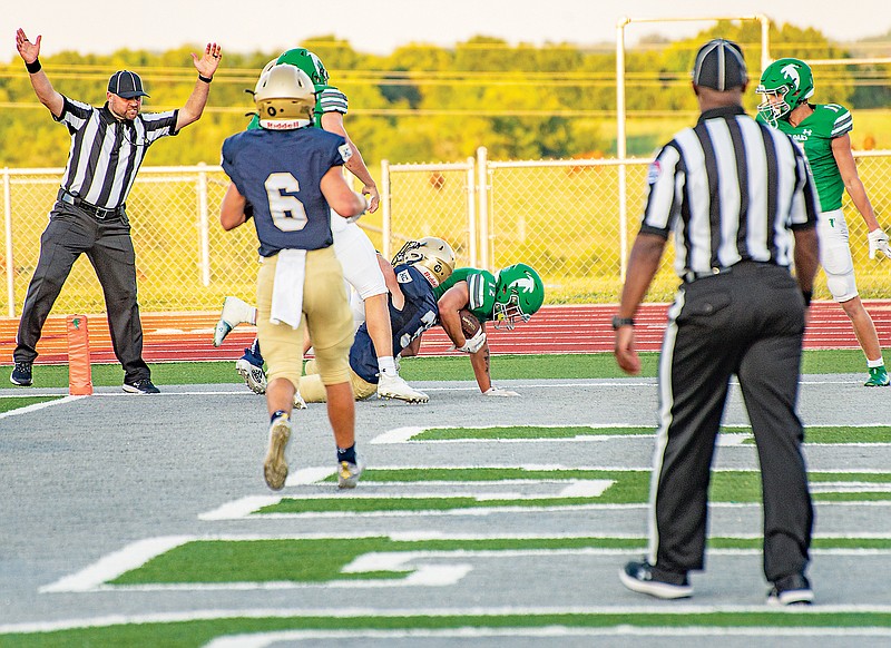 Eli Luckett of Blair Oaks scores a touchdown during Friday night’s Jamboree session against Helias at the Falcon Athletic Complex in Wardsville. (Ken Barnes/News Tribune)