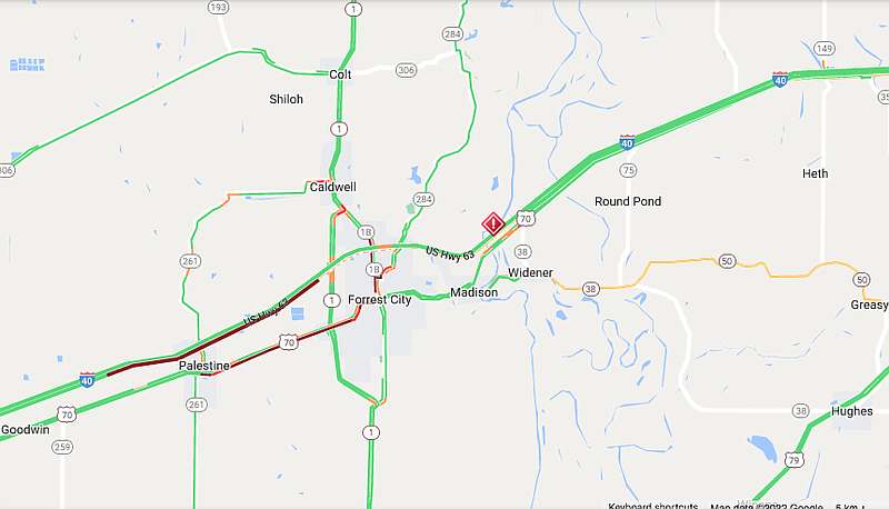 Interstate 40 remained closed in St. Francis County on Tuesday morning, IDriveArkansas indicates. (Courtesy of Arkansas Department of Transportation)