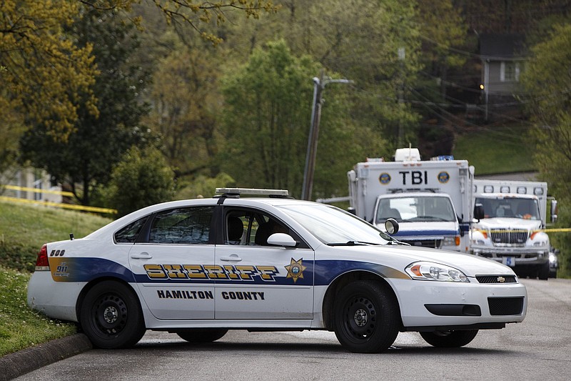 A Hamilton County Sheriff's Office vehicle is seen at the scene of a shooting on the 9100 block of Broyles Drive on Tuesday, April 9, 2019 in Chattanooga, Tenn.