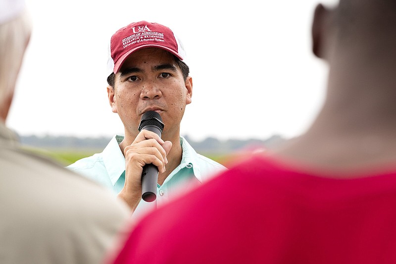 Rice breeder Christian De Guzman speaks about rice variety improvements during the Division of Agriculture’s Rice Field Day on Aug. 5 at Stuttgart. 
(Special to The Commercial/University of Arkansas System Division/Fred Miller)