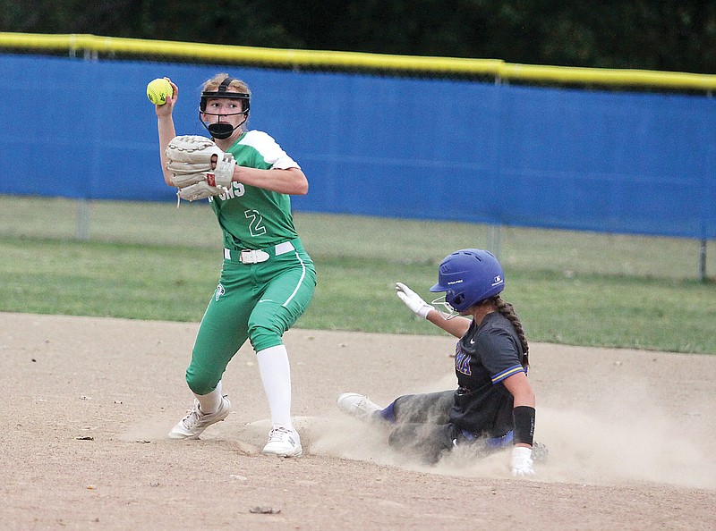 Blair Oaks shortstop Emma Wolken looks to throw to first base after forcing out Fatima’s Allison Schwartze during the fourth inning of last season’s game at Lions Field in Westphalia. (Greg Jackson/News Tribune)