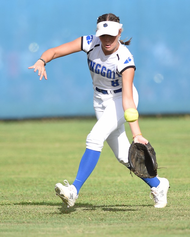 Staff photo by Matt Hamilton / Ringgold (8) Maddy Bacon fields a Gordon Lee hit on the one hop on Tuesday, August 30, 2022 at Ringgold High School.