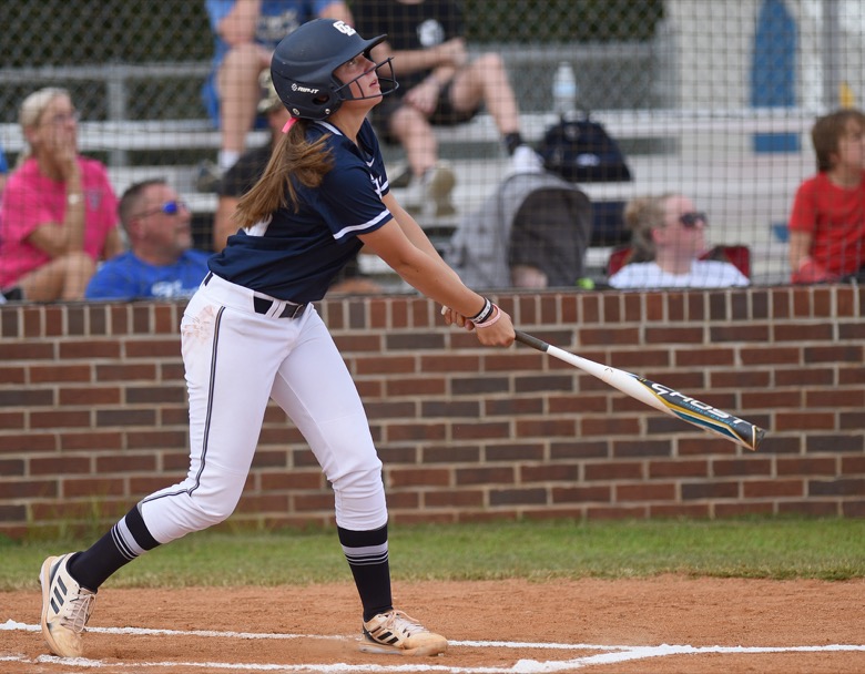 Staff photo by Matt Hamilton / Gordon Lee (23) Abby Logan watches her hit sail toward the outfield on Tuesday, August 30, 2022 at Ringgold High School.