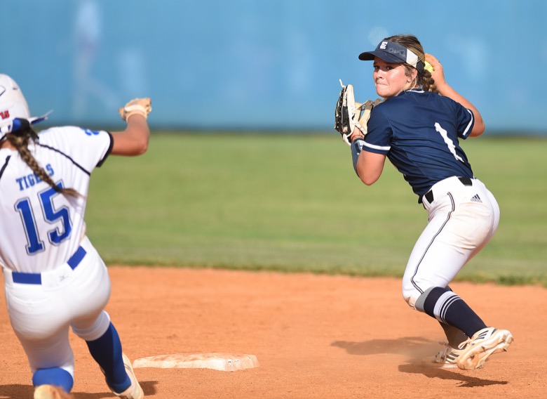 Staff photo by Matt Hamilton / Gordon Lee (1) Sophia McDonald turns two as Ringgold (15) Riley Heard can't break up the double play at second on Tuesday, August 30, 2022 at Ringgold High School.