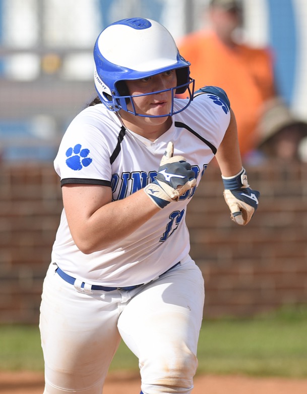 Staff photo by Matt Hamilton / Ringgold (19) Maddy Lee digs out a hit to first against Gordon Lee on Tuesday, August 30, 2022 at Ringgold High School.