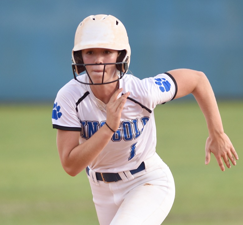 Staff photo by Matt Hamilton / Ringgold (1) Zoey DeFoor rounds second on her way to third against Gordon Lee on Tuesday, August 30, 2022 at Ringgold High School.