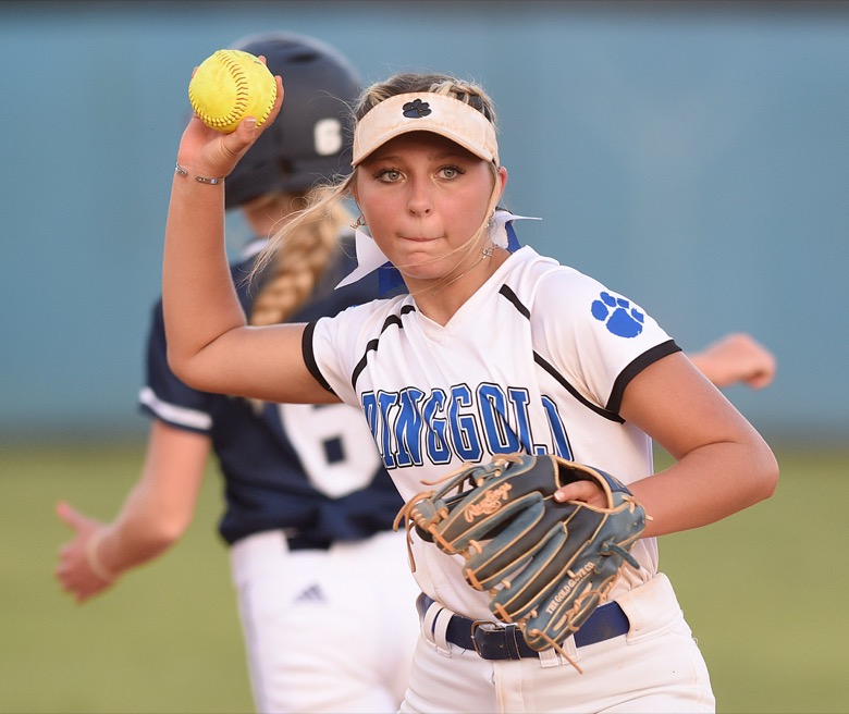 Staff photo by Matt Hamilton / Ringgold (15) Riley Heard makes the throw to first for an out against Gordon Lee on Tuesday, August 30, 2022 at Ringgold High School.