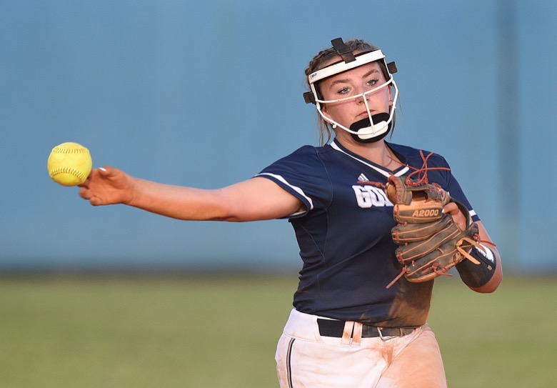 Staff photo by Matt Hamilton / Gordon Lee (12) Gracie Helton fires a throw to first to get the last out of the inning on Tuesday, August 30, 2022 at Ringgold High School.