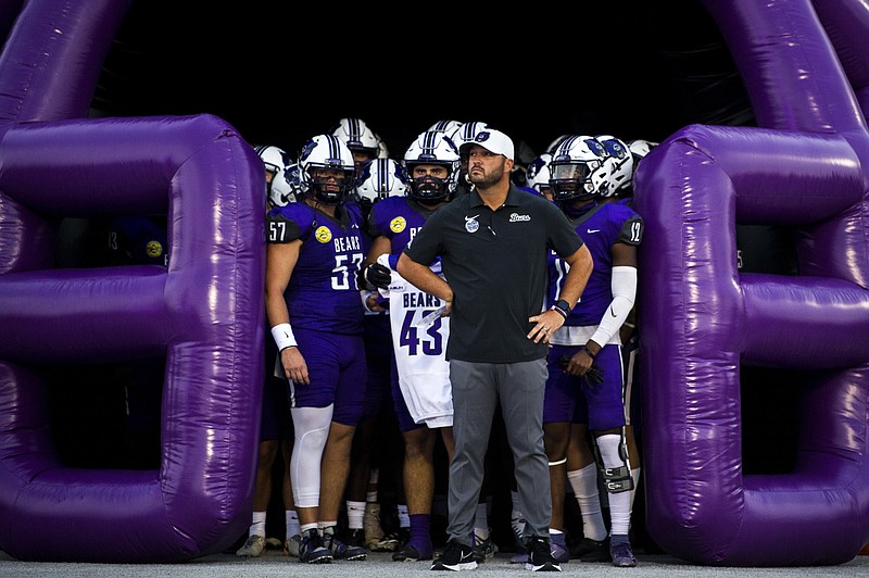 UCA Head Coach Nathan Brown stands with the team in the tunnel before the start of the UCA vs Missouri State football game in Conway on Thursday, Sept. 1, 2022. See more photos at arkansasonline.com/92UCA/..(Arkansas Democrat-Gazette/Stephen Swofford)
