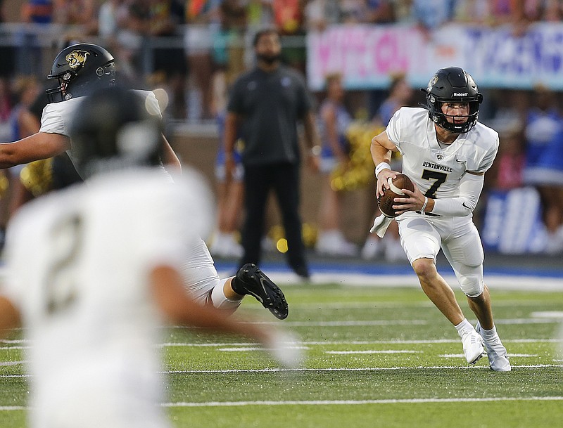 Bentonville quarterback Carter Nye (7) runs the ball during the second quarter of the game on Friday, Sept. 2, 2022, at McConnell Stadium in Conway. .(Arkansas Democrat-Gazette/Thomas Metthe)