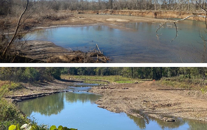These courtesy photos from the Environmental Protection Agency show the West Fork of the White River near Drake Field in Fayetteville before (above) and after a restoration project. The Arkansas Department of Agriculture said the project involved stabilizing the stream bank, enhancing native vegetation and removing invasive species. (Photos courtesy Environmental Protection Agency)