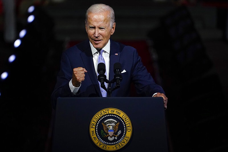 FILE - President Joe Biden speaks outside Independence Hall, Thursday, Sept. 1, 2022, in Philadelphia. Biden is making his third trip to Pennsylvania in less than a week and returning just two days after his predecessor, Donald Trump, staged his own rally there, illustrating the battleground state's importance to both parties as Labor Day kicks off a nine-week sprint to crucial midterm elections. (AP Photo/Matt Slocum, File)