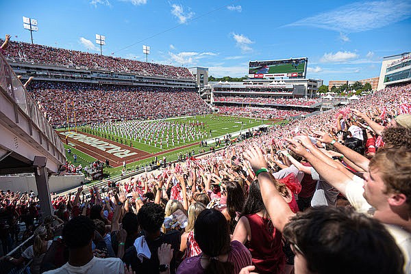 The crowd is shown prior to a football game between Arkansas and Cincinnati on Saturday, Sept. 3, 2022, at Reynolds Razorback Stadium in Fayetteville.