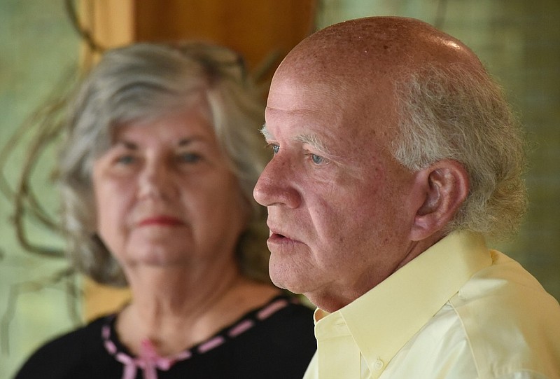 Staff photo by Matt Hamilton / Sally Daugherty looks on as Doug Daugherty speaks during a news conference at the National Memorial for the Unborn on Monday, June 27, 2022.