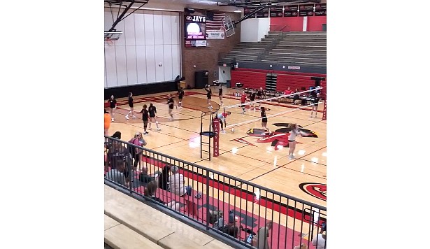 The Jefferson City Lady Jays warm up Tuesday night, Sept. 6, 2022, in advance of beating the Rolla Lady Bulldogs in four sets at Fleming Fieldhouse to improve to 5-1. (Trevor Hahn/News Tribune image)