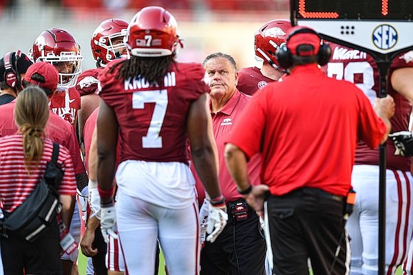 Arkansas coach Sam Pittman is shown during a game against Cincinnati on Saturday, Sept. 3, 2022, in Fayetteville.