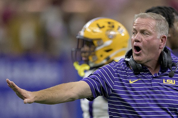 LSU head coach Brian Kelly reacts during the second half of an NCAA football game against Florida State on Saturday, Sept. 4, 2022, in New Orleans. (AP Photo/Matthew Hinton)