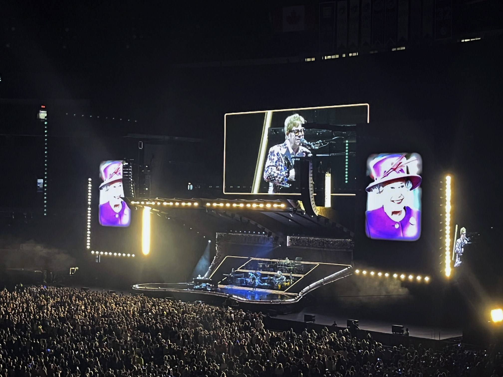Elton John performs Thursday, Sept. 8, 2022 in Toronto. Elton John paid tribute to Queen Elizabeth II at his final concert in Toronto, on Thursday night saying she inspired him and is sad she is gone. “She led the country through some of our greatest and darkest moments with grace and decency and genuine caring,†John said. (AP Photo/Robert Gillies)