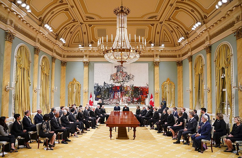 Canadian Prime Minister Justin Trudeau, Governor General Mary Simon and Cabinet members take part in a ceremony Saturday at Rideau Hall in Ottawa to proclaim the accession of King Charles III.
(AP/The Canadian Press/Sean Kilpatrick)