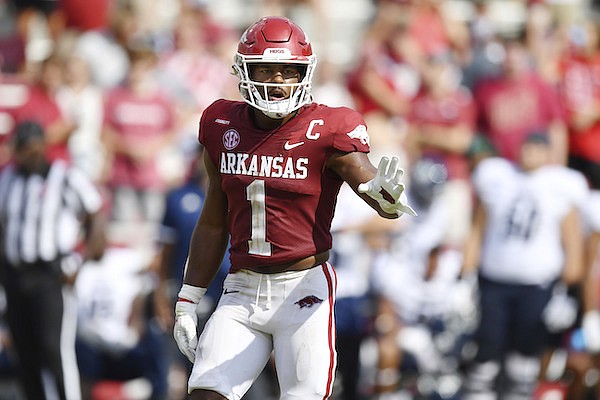 Arkansas defensive back Jalen Catalon (1) against Rice during the second half of an NCAA college football game Saturday, Sept. 4, 2021, in Fayetteville. (AP Photo/Michael Woods)