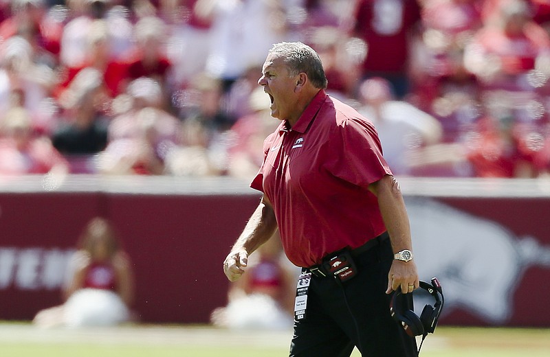 Arkansas head coach Sam Pittman reacts, Saturday, September 10, 2022 during the second quarter of a football game at Donald W. Reynolds Razorback Stadium in Fayetteville. Visit nwaonline.com/220911Daily/ for today's photo gallery...(NWA Democrat-Gazette/Charlie Kaijo)