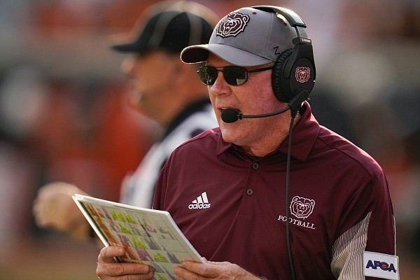 Missouri State head coach Bobby Petrino in the first half of an NCAA college football game against Oklahoma State, Saturday, Sept. 4, 2021, in Stillwater, Okla. (AP Photo/Sue Ogrocki)