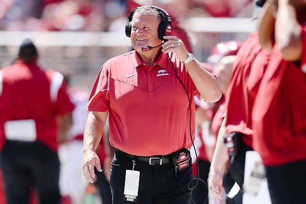 Arkansas head coach Sam Pittman reacts, Saturday, September 10, 2022 during the second quarter of a football game at Donald W. Reynolds Razorback Stadium in Fayetteville.