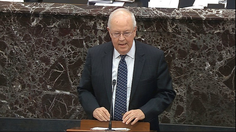 FILE - In this image from video, Ken Starr, an attorney for President Donald Trump speaks during closing arguments in the impeachment trial against Trump in the Senate at the U.S. Capitol in Washington, Feb. 3, 2020.Starr, whose criminal investigation of Bill Clinton led to the presidentâ€™s impeachment, died Sept. 13, 2022. He was 76.   (Senate Television via AP, File)