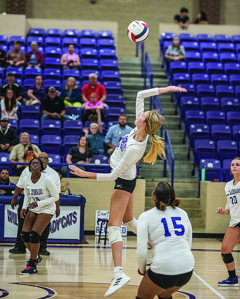 El Dorado's Davin James goes up for a kill against Little Rock Hall. The 6-foot-1 senior anchors the Lady Wildcats' defense at the net.