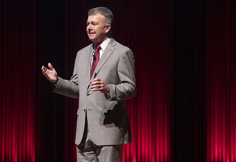 University of Arkansas chancellor finalist Jay Akridge speaks Wednesday during the second in a series of forums for candidates for the job of chancellor at the Faulkner Performing Arts Center on the university campus in Fayetteville.
(NWA Democrat-Gazette/J.T. Wampler)