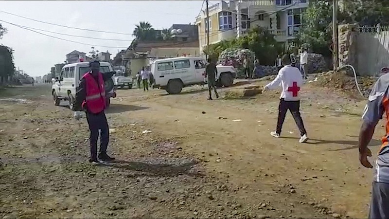 Medics attend the scene of an airstrike Wednesday in Mekele, capital of the Tigray region of northern Ethiopia.
(AP)