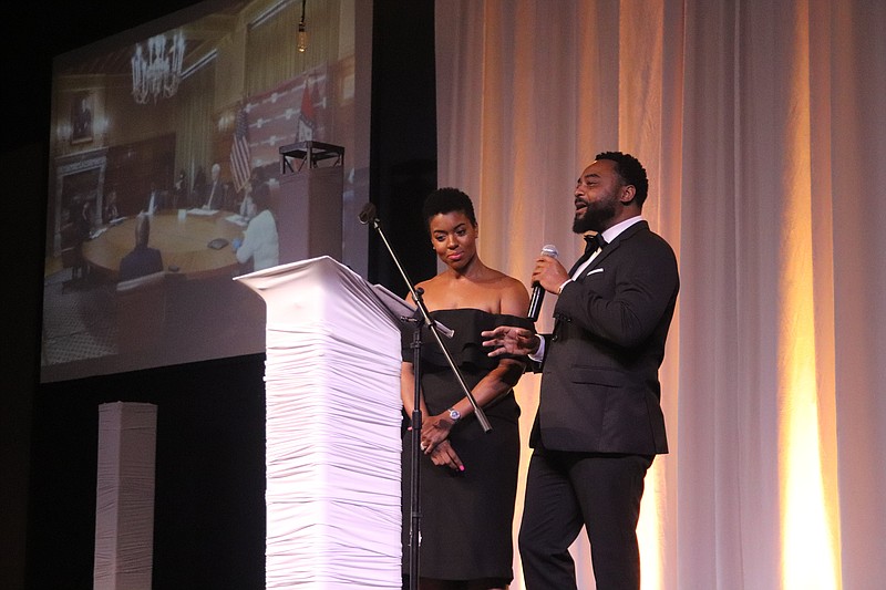 Stephanie and Myron Jackson emcee the Arkansas Black Mayors Association 50th Anniversary Gala, held Sept. 10 at The Venue at Westwind in Little Rock..(Arkansas Democrat-Gazette -- Helaine R. Williams)