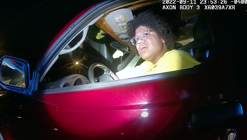 Screen capture from body camera footage of a Sept. 11 traffic stop of City Council candidate Marie Mott.