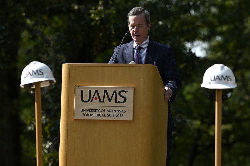 UAMS Chancellor Cam Patterson addresses the audience during a groundbreaking ceremony for a nearly $10 million, 20,000-squarefoot Child Development Center near the children’s library in Little Rock on Wednesday.
(Arkansas Democrat-Gazette/Stephen Swofford)