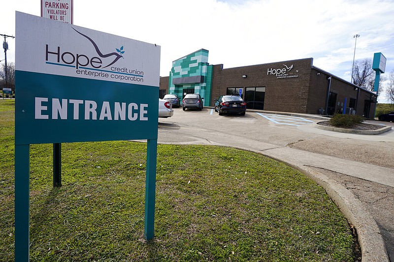 The entrance to the Jackson, Miss., corporate office of Hope Enterprise Corp. is shown in this Feb. 8, 2021 file photo. The corporation runs the Mississippi-based Hope Credit Union. (AP/Rogelio V. Solis)