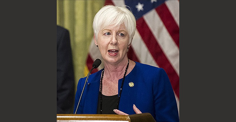 Department of Human Services Secretary Cindy Gillespie speaks at a coronavirus briefing in April 2020.
(Arkansas Democrat-Gazette/Stephen Swofford)