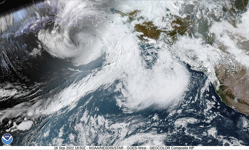 This image provided by the National Hurricane Center and Central Pacific Hurricane Center/National Oceanic and Atmospheric Administration shows a satellite view over Alaska on Friday.
(AP/NOAA)