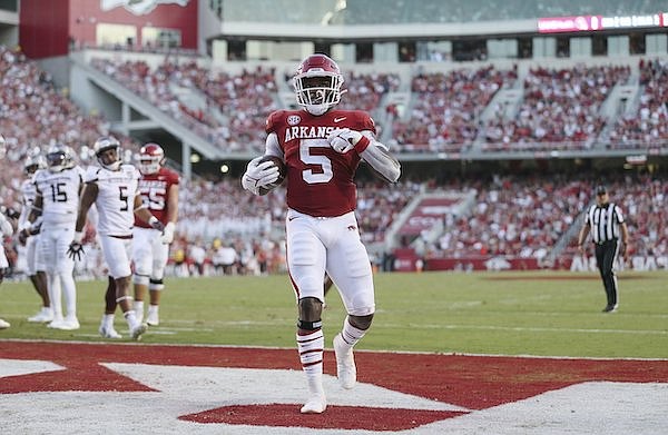 Arkansas running back Raheim Sanders (5) scores a touchdown during the second quarter of a game against Missouri State on Saturday, Sept. 17, 2022, in Fayetteville.