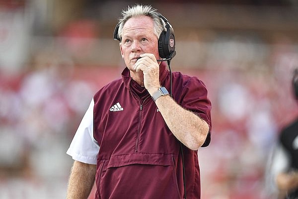 Missouri State coach Bobby Petrino is shown during a game against Arkansas on Saturday, Sept. 17, 2022, in Fayetteville.