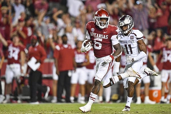Arkansas running back Raheim Sanders runs for a touchdown on a reception during the fourth quarter of a game against Missouri State on Saturday, Sept. 17, 2022, in Fayetteville.