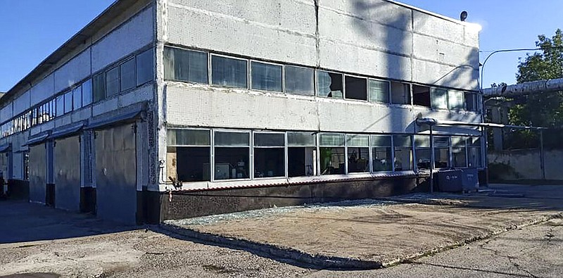 In this photo provided by the South Ukraine nuclear power plant, broken windows are seen in an industrial area building of the South Ukraine nuclear power plant after a Russian rocket strike roughly 328 yards from the plant close to Yuzhnoukrainsk, Mykolayiv region, Ukraine, Monday, Sept. 19, 2022. (South Ukraine Nuclear Power Plant Press Office via AP)