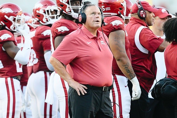 Arkansas head coach Sam Pittman looks on as officials review a fumble at the goal line by running back Raheim Sanders (5), Saturday, September 17, 2022 during the first quarter of a football game at Donald W. Reynolds Razorback Stadium in Fayetteville.