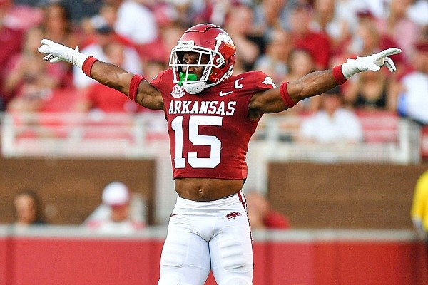 Arkansas defensive back Simeon Blair (15) celebrates a defensive stop, Saturday, Sept. 17, 2022, during the first quarter of the Razorbacks’ 38-27 win over Missouri State at Donald W. Reynolds Razorback Stadium in Fayetteville.