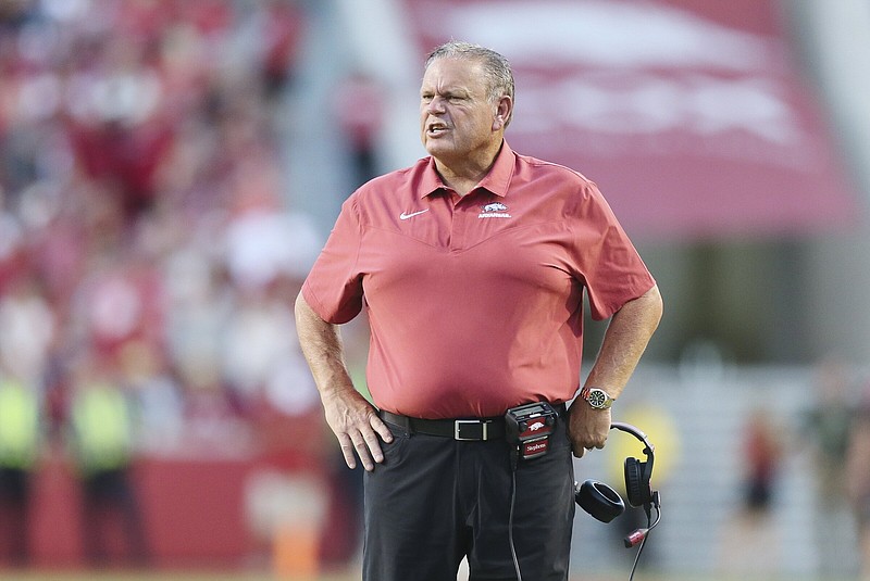 Arkansas head coach Sam Pittman reacts, Saturday, September 17, 2022 during the second quarter of a football game at Donald W. Reynolds Razorback Stadium in Fayetteville. Visit nwaonline.com/220918Daily/ for today's photo gallery...(NWA Democrat-Gazette/Charlie Kaijo)