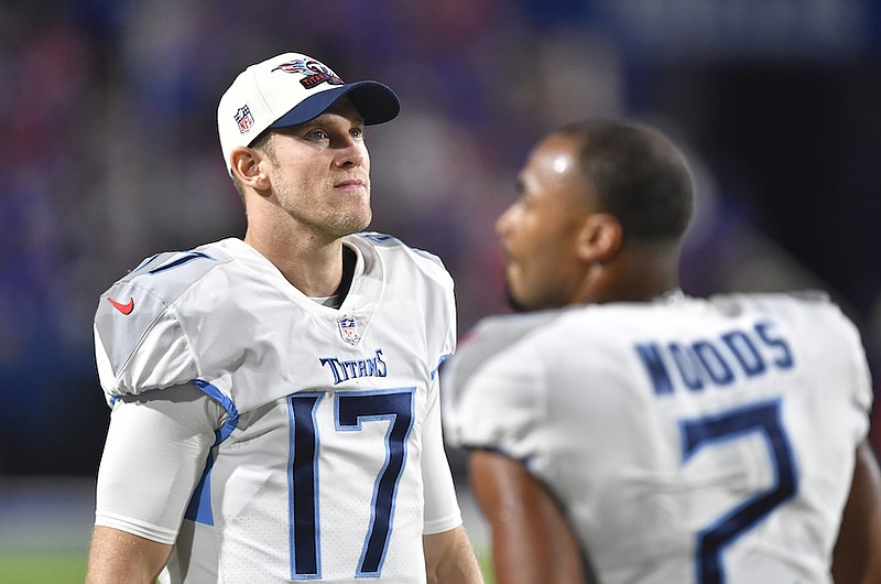 Tennessee Titans quarterback Ryan Tannehill (17) reacts during the second half of an NFL football game against the Buffalo Bills, Monday, Sept. 19, 2022, in Orchard Park, N.Y. (AP Photo/Adrian Kraus)