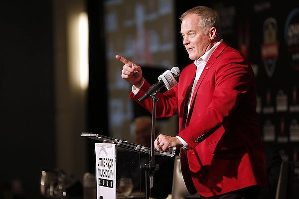 Arkansas athletic director Hunter Yurachek speaks to the Little Rock Touchdown Club on Monday, Sept. 19, 2022, at the DoubleTree Hotel in Little Rock.