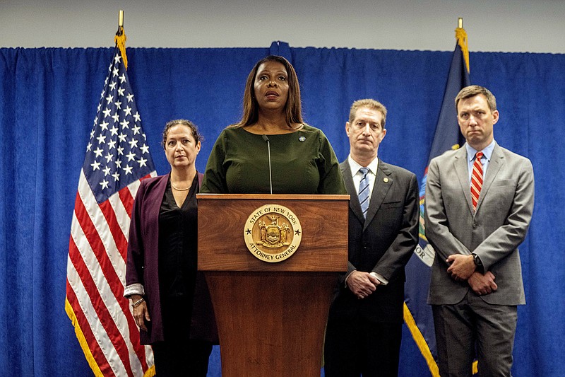 New York Attorney General Letitia James said Wednesday that her office’s investigation found that former President Donald Trump “engaged in years of illegal conduct to inflate his net worth, to deceive banks and the people of the great state of New York.”
(The New York Times/Hiroko Masuike)