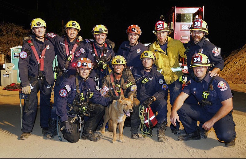 This image provided by the Pasadena (Calif.) Fire Department shows firefighters posing with Cesar, a 13-year-old blind dog that was rescued from a hole in Pasadena on Tuesday, Sept. 20, 2022. The dog apparently wandered onto the site, according to Cesar's owner. (Pasadena Fire Department via AP)