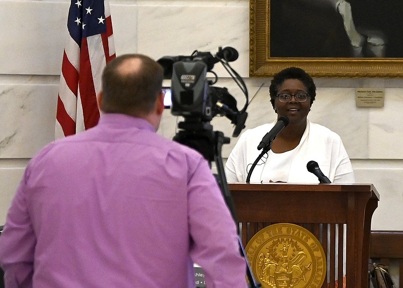 Patrecia Hargrove, executive director of the Southeast Arkansas Economic Development District, announces during a news conference in the state Capitol Rotunda on Wednesday that all 10 counties in the district achieved certification as ACT Work Ready Communities.
(Arkansas Democrat-Gazette/Stephen Swofford)