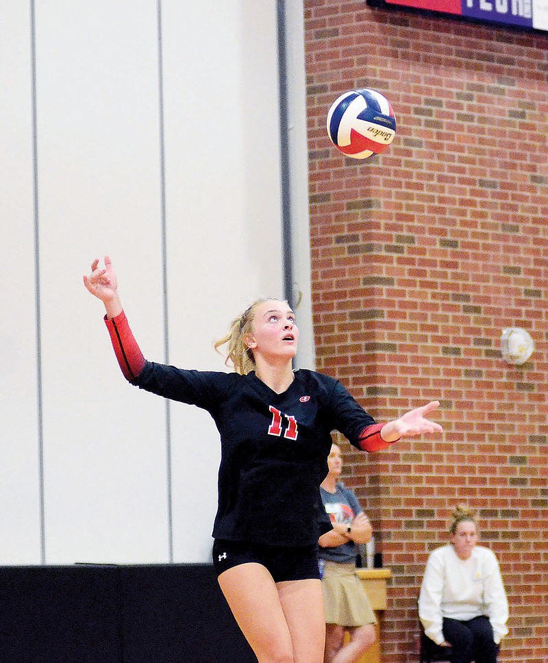 Nola Borgmeyer of Jefferson City hits a serve during Tuesday night's match against Blair Oaks at Fleming Fieldhouse. (Eileen Wisniowicz/News Tribune)